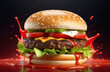 Burger on black background. Hamburger, cheeseburger or chicken burger with dripping mustard and ketchup, sesame bun, natural grilled cutlets and fresh vegetables. Food closeup, cafe menu