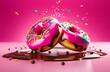 Donuts. Colorful glossy glazed donut. Pink and chocolate syrup toppings, pink background. Sweet bakery. Sugar food. Product confectionery presentation. Cartoon plastic food