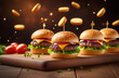 Burgers on wooden plate. Hamburger, cheeseburger or chicken burger, flying fried potato. Sesame bun, natural grilled cutlets and fresh vegetables. Black background, Food closeup, cafe menu