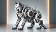 A robotic bobcat in a futuristic style, resembling a high-tech piece of machinery with sleek white and black panels