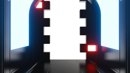 Wall Mural - futuristic opening gate or door in black moving sci fi technology tunnel or room with neon light. re