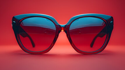 Wall Mural - A vibrant and eye-catching oversized sunglasses mockup on a solid red background, capturing its bold colors and exaggerated frames, all presented in HD to showcase its statement-making and fashion-