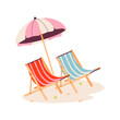 Vacation beach chairs sunbed with umbrella, wooden deck chair. Summertime relax. Isolated on white background illustration.