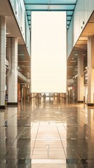 Poster - A large white sign hangs in the middle of a large, empty, and shiny hallway