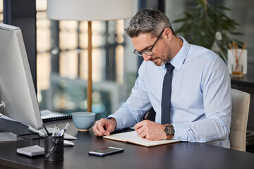 Poster - Business, writing and man with notebook, planning and ideas for schedule, project and startup. Person at desk, compliance officer and employee with professional, corporate and career ambition