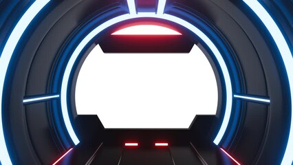 Wall Mural - futuristic opening gate or door in black moving sci fi technology tunnel or room with neon light. re
