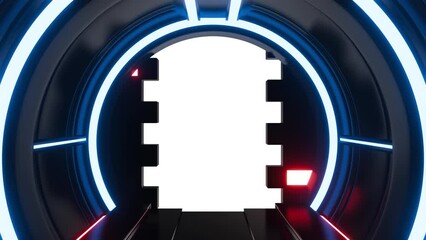 Wall Mural - futuristic opening gate or door in black moving sci fi technology tunnel or room with neon light. re