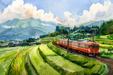 Fototapeta  - 棚田を走る電車の風景（水彩画）
