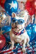 white French bulldog wearing blue sunglasses and stars and stripes scarf with US flag themed blue and red balloons with stars for 4th of July