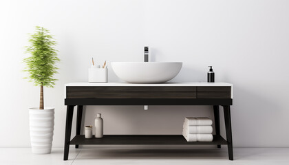 Wall Mural - A modern bathroom vanity with a white sink dark wood cabinet and a potted plant next to it