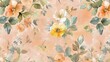 A seamless pattern of soft pastel colored flowers and leaves, vintage style, on peach background