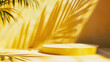 Empty yellow podium mockup with palm leaves shadow on wall. background for cosmetics presentation, event, and exhibition. Professional, sleek, and eye-catching design with round stands