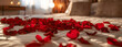 Rose on the bed in the hotel rooms. Rose and her petals on the bed for a romantic evening. honeymoon concept.