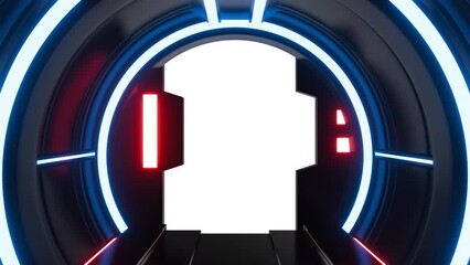 Wall Mural - futuristic opening gate or door in black moving sci fi technology tunnel or room with neon light. re