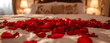 Rose Petals Pathway. Romantic background. a room with rose petals lay on top of a bed.
