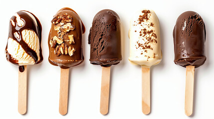 Melted ice cream set isolated on white background. chocolate with ground nuts and vanilla dessert on wooden stick, sweet sticky puddle, restaurant men