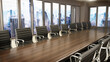 Meeting table and office chairs inside the boardroom. 3D illustration