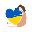 The girl hugs a big heart with the colors of the flag of Ukraine. Love Ukraine concept. Support for Ukraine. No war. Ukraine in the heart. Support against fighting. Stock vector illustration