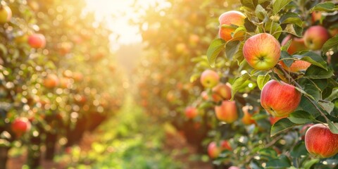 Sticker - Ripe apples hanging from trees in a sunlit orchard during peak harvest season.