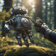 Robot sits in the forest with a robin. Future fantasy in which technology and nature