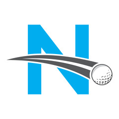 Golf Logo On Letter N Concept With Moving Golf ball Symbol. Hockey Sign