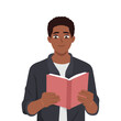© Wigo Design - Young black man with glasses reading a book. Flat vector illustration isolated on white background