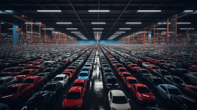 aerial photo capturing the organized arrangement of brand-new cars lined up at the port, ready for import and export logistics. This scene highlights the efficiency.