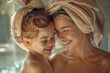 Joyful Mother and Daughter Wearing Towel Turbans Together