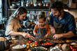 Family Cooking Together in a Rustic Kitchen Scene