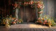 Rustic wedding stage podium crafted from weathered wood, adorned with wildflowers, and illuminated by warm candlelight, exuding a cozy and intimate charm.