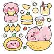 Set of cute pig in lemon concept.Farm animal character cartoon design collection.Juice,fruit,leaf,flower,macaron,jam hand drawn.Nature.Summer.Fresh.Kawaii.Vector.Illustration.