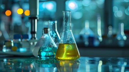 Canvas Print - An Erlenmeyer Conical Flask With Solution In A Chemistry Laboratory.