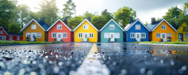 Wall Mural - Close up panoramic view of the asphalt road in countryside with houses on horizon.