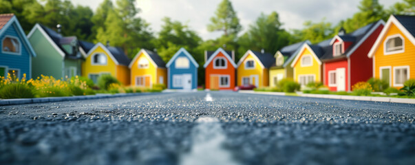 Wall Mural - Close up panoramic view of the asphalt road in countryside with houses on horizon.