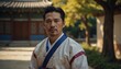 handsome hispanic middleaged man wearing traditional korean clothing hanbok from Generative AI