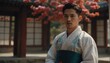 handsome hispanic young man wearing traditional korean clothing hanbok from Generative AI