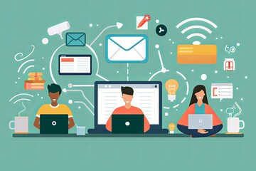 Poster - Two individuals sitting in front of laptops, engaged in online learning or work tasks. Generative AI
