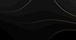 Abstract luxury background with golden wavy curve lines on black background. Gold swirl shine glitter design. Premium gradient banner. Modern dark royal BG. Steel glowing 3d dynamic mesh frame