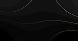 Fototapeta Desenie - Abstract luxury background with golden wavy curve lines on black background. Gold swirl shine glitter design. Premium gradient banner. Modern dark royal BG. Steel glowing 3d dynamic mesh frame