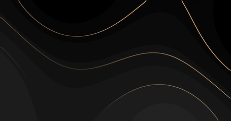 Abstract luxury background with golden wavy curve lines on black background. Gold swirl shine glitter design. Premium gradient banner. Modern dark royal BG. Steel glowing 3d dynamic mesh frame