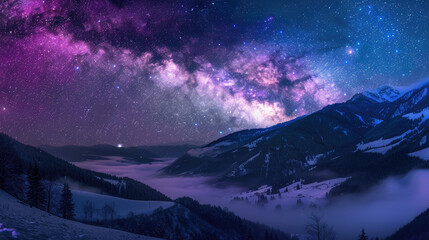 Wall Mural - Beautiful starry sky with milky way over mountains in alpine valley winter landscape at night