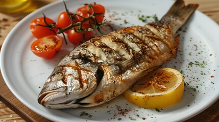 Poster - Grilled Fish on a Plate with Lemon and Tomatoes. Fresh Seafood Cuisine. Perfect Meal for a Gourmet. Healthy Eating Concept. Simple Dining Presentation. AI