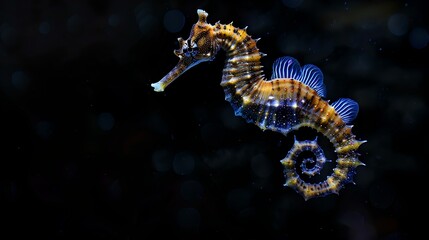 Wall Mural - Elegant Seahorse Floating in the Dark Blue Ocean, Isolated on a Black Background. Marine Life Portrait. Majestic Aquatic Creature, Perfect for Wildlife Projects. Serene Underwater Scene. AI
