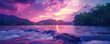 Purple sunset over the river, beautiful colorful panoramic view, generated ai
