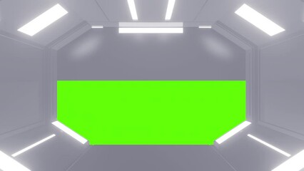 Wall Mural - Futuristic opening gate or door in white moving sci fi technology tunnel or room. Realistic digital animation with green chroma key.