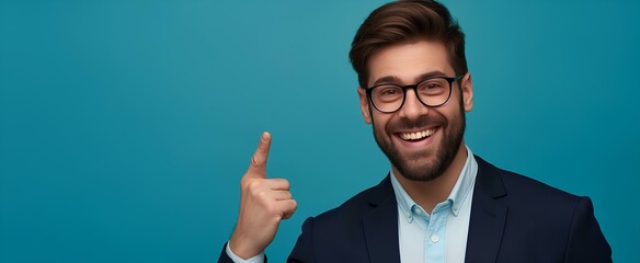 Wall Mural - Happy business man entrepreneur, smiling professional manager, confident businessman looking at camera pointing aside advertising business offer isolated on simple blue background. generative AI