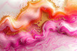  Abstract pink and gold fluid art background with flowing shapes of liquid paint, soft colors of light red and yellow on grey background. Created with Ai