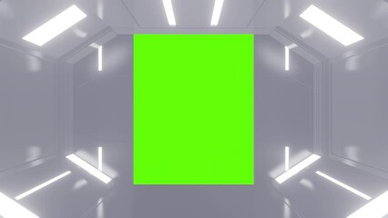 Wall Mural - Futuristic opening gate or door in white moving sci fi technology tunnel or room. Realistic digital animation with green chroma key.
