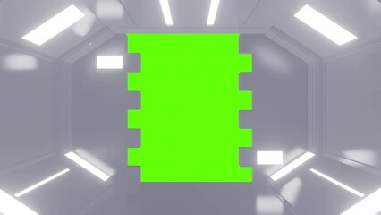 Wall Mural - Futuristic opening gate or door in white moving sci fi technology tunnel or room. Realistic digital animation with green chroma key.