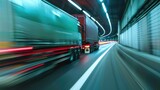 Fototapeta Uliczki - Long exposure two trucks in the tunnel speeding